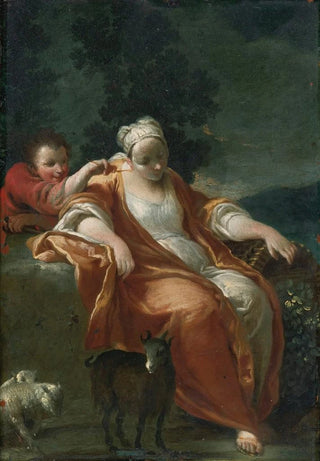 Studio of Giuseppe Maria Crespi - A Shepherdess Resting With A Young Boy Tickling Her Ear.webp
