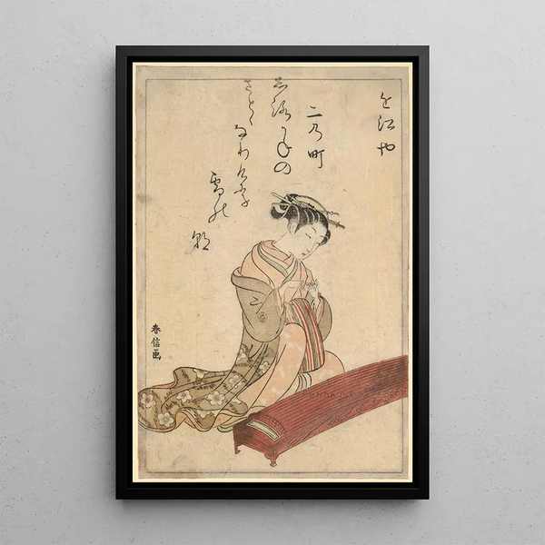 Kotoa soittava courtesan - Suzuki Harunobu — kehystetty taideteos seinällä