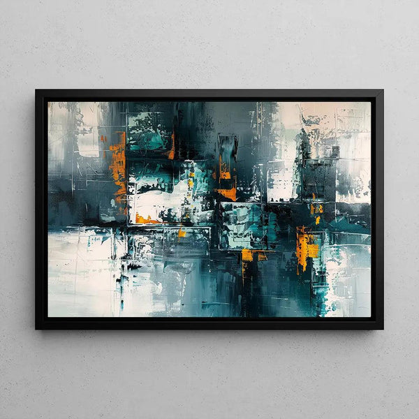Tableau Abstrait – Fragments Urbains | Affiche Murale Moderne aux Couleurs Froides et Touches Orange | Déco Graphique pour Salon ou Bureau