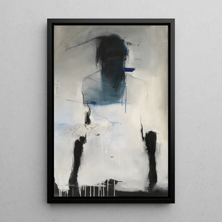 Tableau Abstrait – Silhouette en Suspens | Affiche Murale Énigmatique en Noir et Bleu sur Fond Clair | Déco Minimaliste pour Intérieur Contemporain