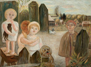 Lapsia kylän pihalla - Tadeusz Makowski — näkymä teoksesta
