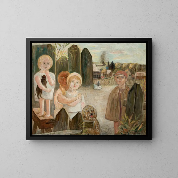 Lapsia kylän pihalla - Tadeusz Makowski — kehystetty taideteos seinällä