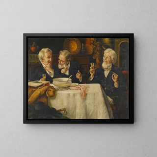 Kolme miestä pöydässä - Talbot Hughes — kehystetty taideteos seinällä