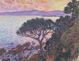 Parasolipisteestä meren lähellä Välimeren auringonlaskussa - Theo van Rysselberghe — näkymä teoksesta