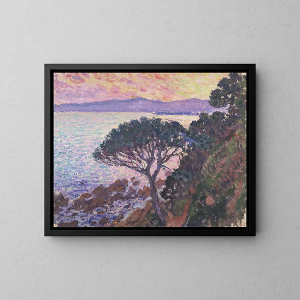 Parasolipisteestä meren lähellä Välimeren auringonlaskussa - Theo van Rysselberghe — kehystetty taideteos seinällä