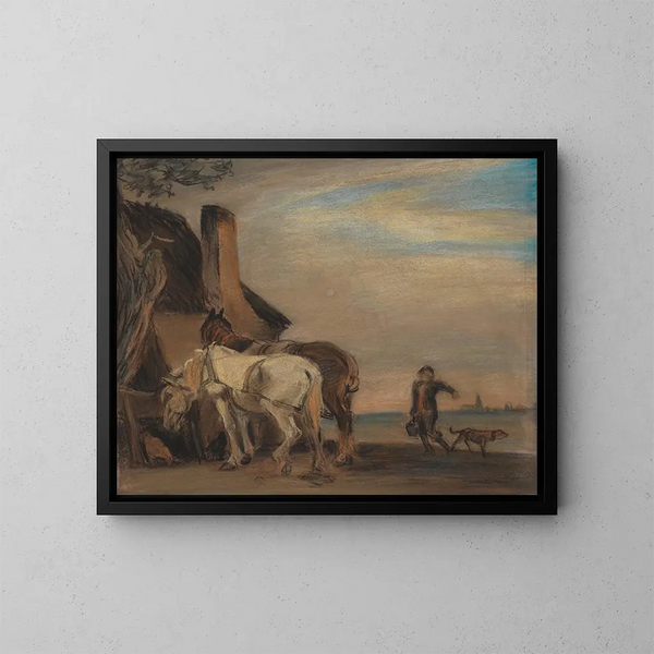 Karl tuomassa vettä kahdelle hevoselle, kopio Paulus Potterin maalauksesta Louvre - Theodor Philipsen — kehystetty taideteos seinällä