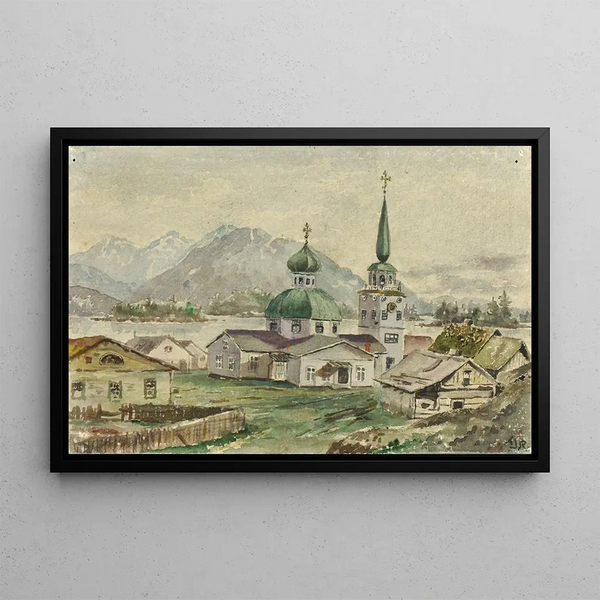 Näkymä kirkon takapuolelta Sitkan kreikkalaisesta kirkosta 1888 - Theodore J. Richardson — kehystetty taideteos seinällä