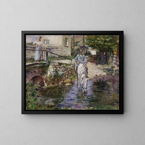 Pré Trognon ja hänen tyttärensä sillalla - Theodore Robinson — kehystetty taideteos seinällä