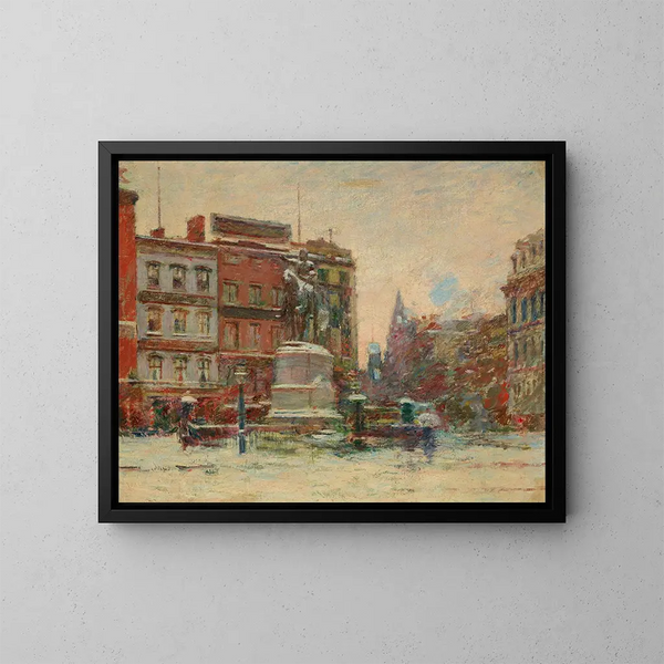 Washingtonin monumentista Union Squarella talvella - Theodore Robinson — kehystetty taideteos seinällä