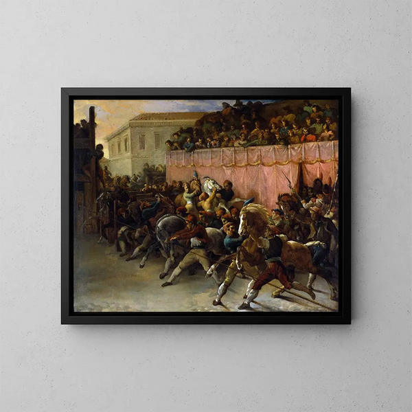 Juoksijat ilman ratsastajaa Roomassa - Théodore Géricault — kehystetty taideteos seinällä
