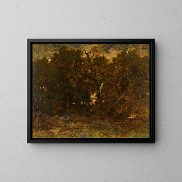 Fontainebleaun metsän poispääsy auringonlaskussa - Théodore Rousseau — kehystetty taideteos seinällä