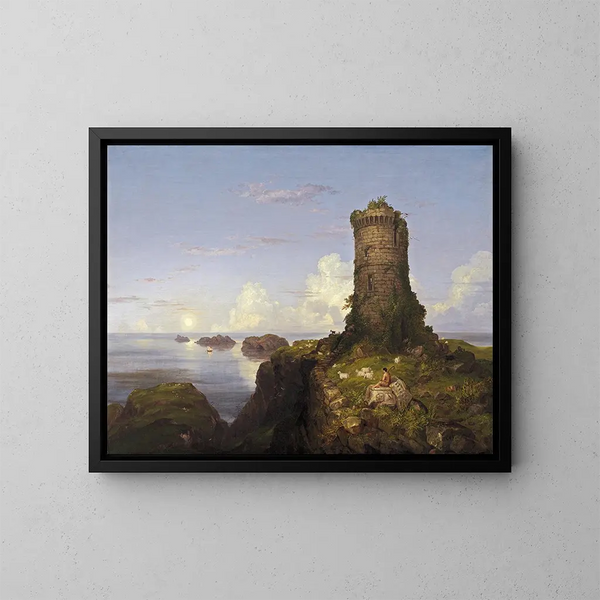 Italian rannikkonäkymä raunioituneen tornin kanssa - Thomas Cole — kehystetty taideteos seinällä