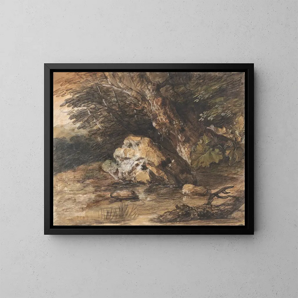 Metsäinen lampi kivineen ja kasveineen - Thomas Gainsborough — kehystetty taideteos seinällä