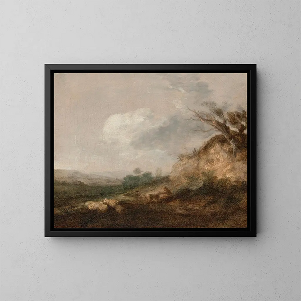 Laulava paimen ja hänen koiransa maisemassa, hänen laumansa levossa lähellä dyynia etualalla - Thomas Gainsborough — kehystetty taideteos seinällä