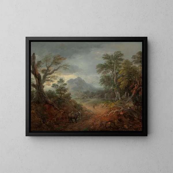 Metsäinen maisema aaseineen ja hahmoineen polulla - Thomas Gainsborough — kehystetty taideteos seinällä