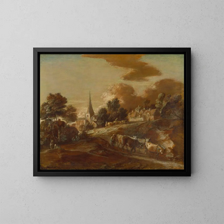 Kuvitteellinen metsäinen kylä karjanhoitajineen ja karjoineen - Thomas Gainsborough — kehystetty taideteos seinällä