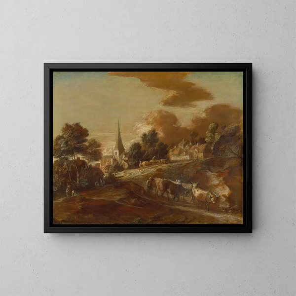 Kuvitteellinen metsäinen kylä karjanhoitajineen ja karjoineen - Thomas Gainsborough — kehystetty taideteos seinällä