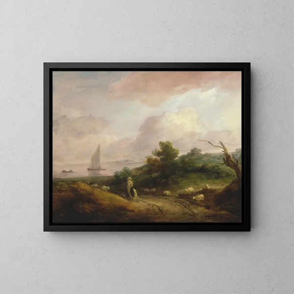 Rantamaisemaa paimenella ja hänen laumallaan - Thomas Gainsborough — kehystetty taideteos seinällä