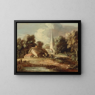 maisemasta, jossa on mökki ja kirkko - Thomas Gainsborough — kehystetty taideteos seinällä