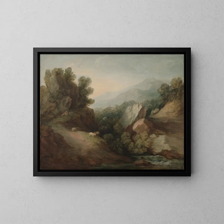 Metsäinen kalliomaisema laakson ja vesiputouksen kanssa - Thomas Gainsborough — kehystetty taideteos seinällä