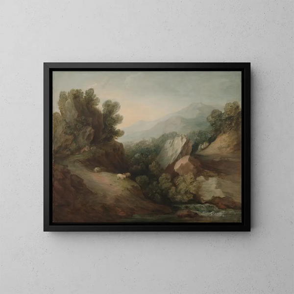Metsäinen kalliomaisema laakson ja vesiputouksen kanssa - Thomas Gainsborough — kehystetty taideteos seinällä