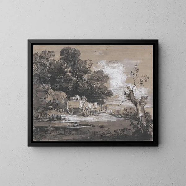 Maisemakuva metsäisellä alueella, jossa on maalaistolppa ja hahmoja - Thomas Gainsborough — kehystetty taideteos seinällä