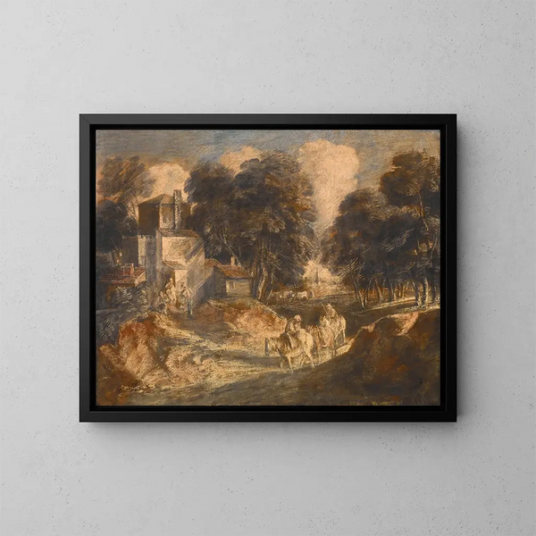 Maisemakuva metsäisestä alueesta, jossa talonpoikia ratsain - Thomas Gainsborough — kehystetty taideteos seinällä