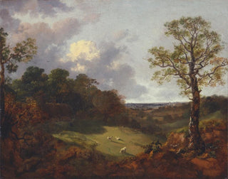Maisemakuva metsäisestä alueesta mökin ja paimen kanssa - Thomas Gainsborough — näkymä teoksesta