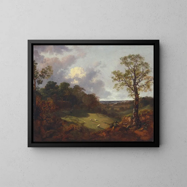 Maisemakuva metsäisestä alueesta mökin ja paimen kanssa - Thomas Gainsborough — kehystetty taideteos seinällä