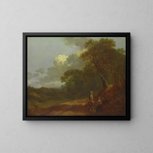 Maisemakuva puiden kanssa, jossa mies puhuu kahdelle istuvalle naiselle - Thomas Gainsborough — kehystetty taideteos seinällä