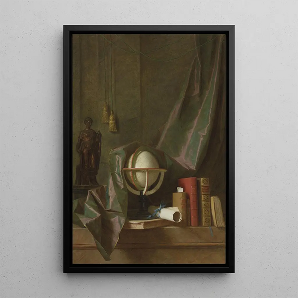 Thomas Germain Joseph Duvivier - A globe books and statuette on a ledge in an interior veiled by a curtain.webp