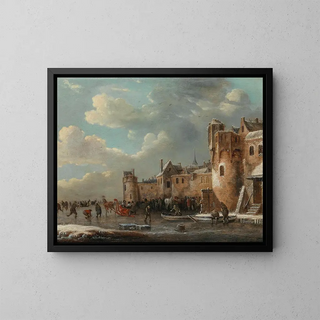 Thomas Heeremans - Skaters and a horsedrawn sleigh on the ice outside a walled town.webp