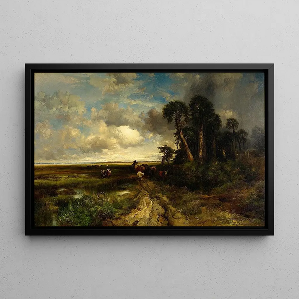 Ramener le bétail, côte de Floride - Thomas Moran — kehystetty taideteos seinällä
