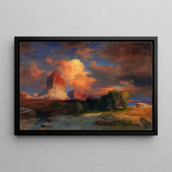 Wyomingin vihreä joki auringonlaskun maalaus - Thomas Moran — kehystetty taideteos seinällä