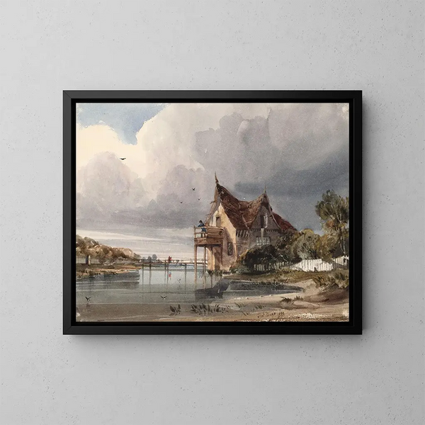 Une rivière et un cottage avec une palissade blanche - Thomas Shotter Boys — kehystetty taideteos seinällä