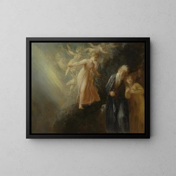 Prospero, Miranda ja Ariel taiteilutulosteessa, näytös I, kohtaus II - Thomas Stothard — kehystetty taideteos seinällä