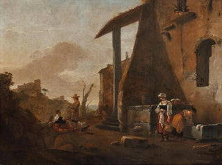 Thomas Wijck - Maidservants washing laundry and another maid selling apples in a courtyard a hilly landscape beyond.webp