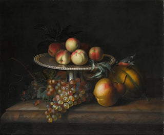 Tobias Stranover - Peaches On A Silver Tazza With Grapes A Pear A Melon And A Bird On A Marble Ledge.webp
