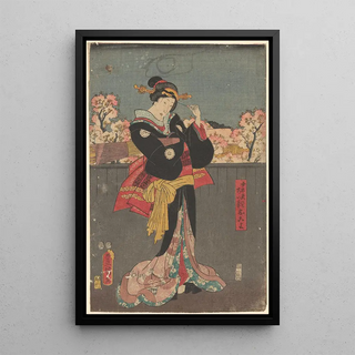 Toyokuni Utagawa - Woman with Black Wrap against Grey Fence cherry trees in bloom in background.webp