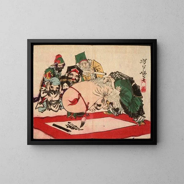 Fukurokuju kirjoittamassa päällään - Tsukioka Yoshitoshi — kehystetty taideteos seinällä