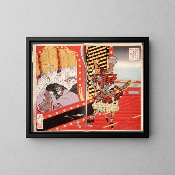 Minamoto no Yoshitsune pelastamassa Kenrei Moninia Dannoura-taistelussa - Tsukioka Yoshitoshi — kehystetty taideteos seinällä