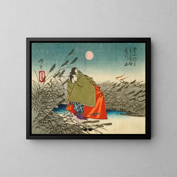 Narihira ja Nij no Tsubone Fuji-joen rannalla - Tsukioka Yoshitoshi — kehystetty taideteos seinällä