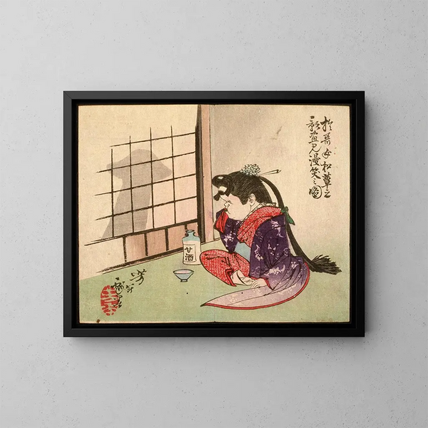 Okame hymyilemässä sienen varjossa - Tsukioka Yoshitoshi — kehystetty taideteos seinällä