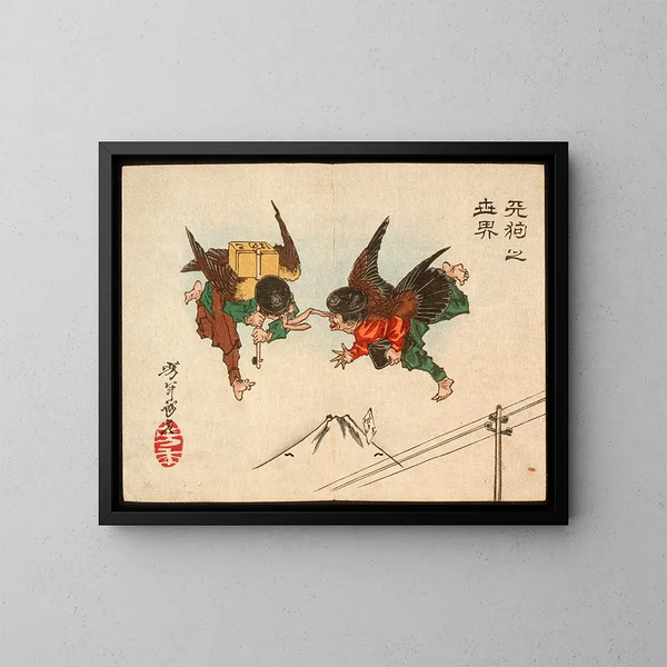Messagers Tengu se heurtant en plein vol - Tsukioka Yoshitoshi — kehystetty taideteos seinällä