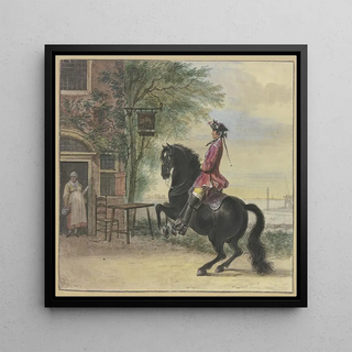 Un cavalier avec tricorne et tresse en arrière-plan, un paysage de canal - Cornelis Troost