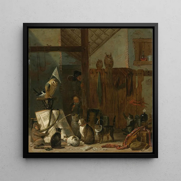 Un concert de chats, hiboux, une pie et un singe dans une grange - Cornelis Saftleven
