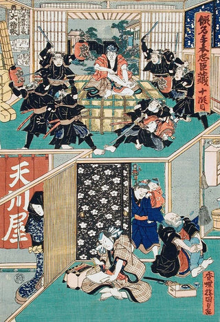 Utagawa Kunisada Toyokuni III - Act X Gihei Proving His Loyalty Defies the Rnin to Move Him Gihei Writing a Letter of Divorce before His FatherinLaw.webp