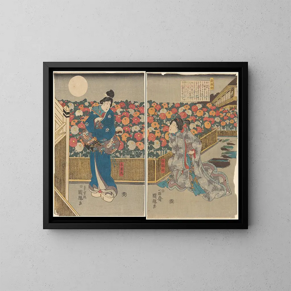 Yökohtainen kohtaus vihreässä talossa tai Yoshiwara - Utagawa Kunisada Toyokuni III — kehystetty taideteos seinällä