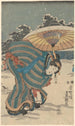 Lumikohtaus, nainen kumartuu säätämään kenkäänsä - Utagawa Kunisada Toyokuni III — näkymä teoksesta