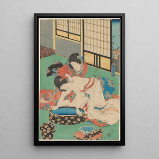 Utagawa Kunisada Toyokuni III - Woman Leaning over Tub Being Bathed by Her Maid.webp